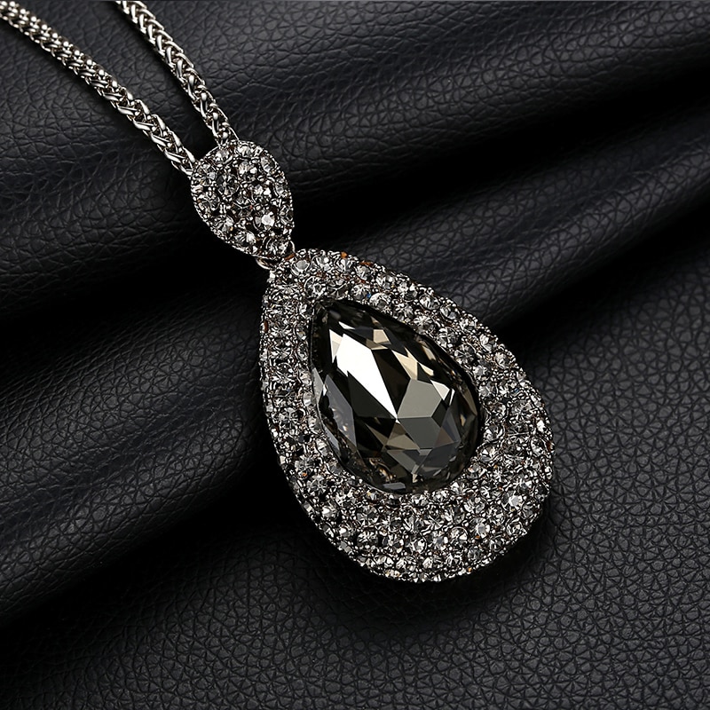 Luxury Long Chain Necklaces & Pendants for Women Waterdrop Gray Crystal Necklace Female Collier Femme Party Jewelry