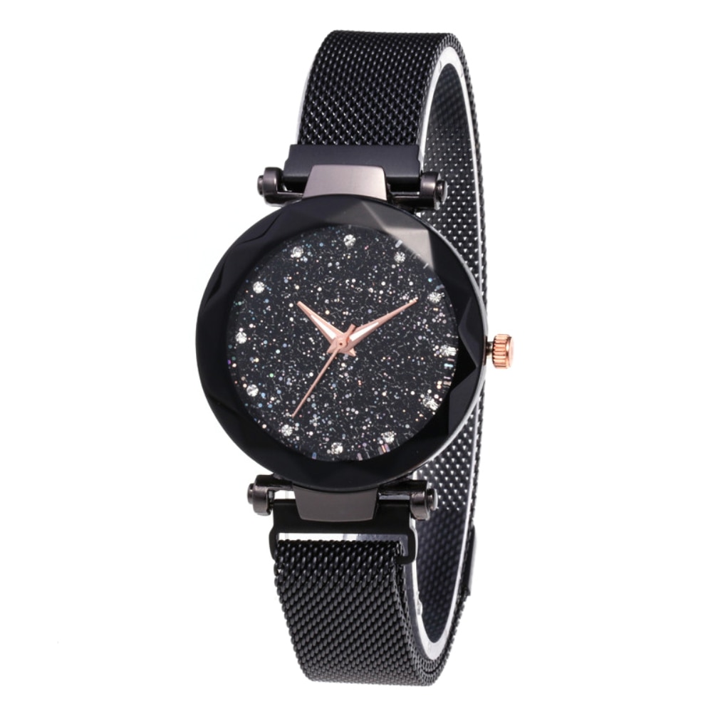 Sterrenhemel Horloge Waterdicht Stappenteller Stappenteller Horloge met Roestvrij Staal Magneet Gesp Fitness Horloge voor Vrouwen: Black