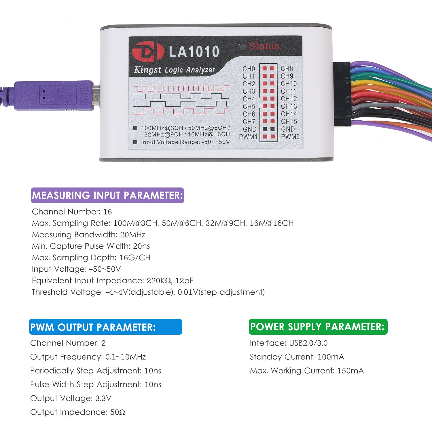 LA1010 Logic Analyzer 100M Sampling Rate 16 Channels Adjustable Threshold Logic Analyzer