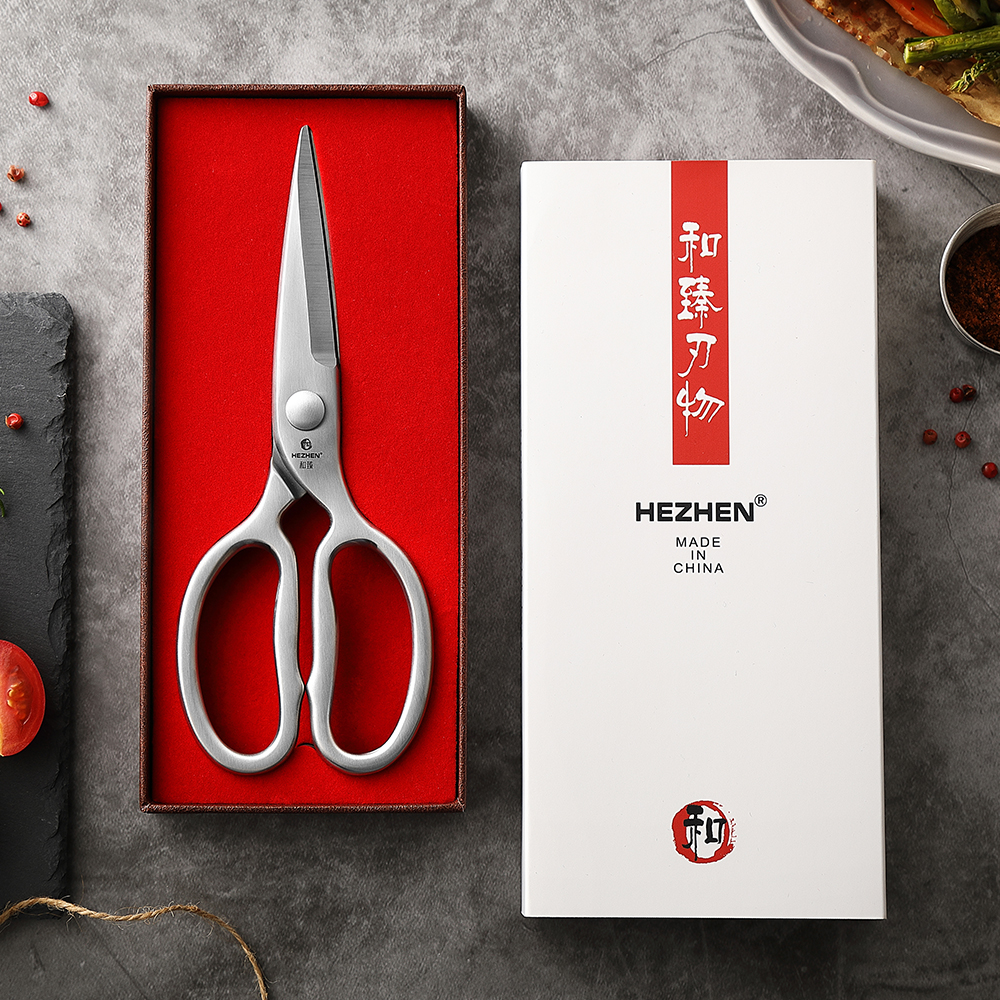 Tijeras de cocina HEZHEN, acero inoxidable 3Cr13, tijeras de cocina multifuncionales de acero forjado, caja de