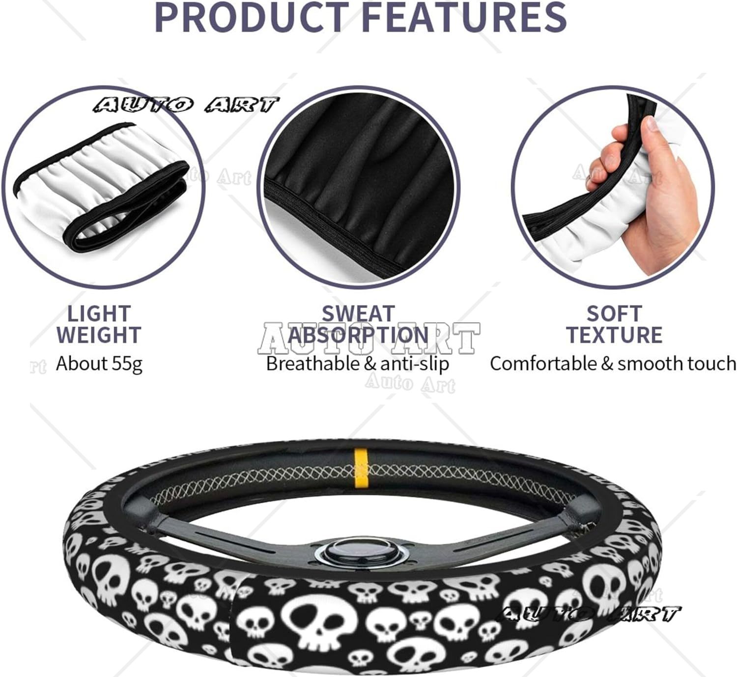 Steering Wheel Cover White Skull Goth Horror Black Neoprene Steering Wheel Protector Universal Fit Most Car Sedans 15 Inch