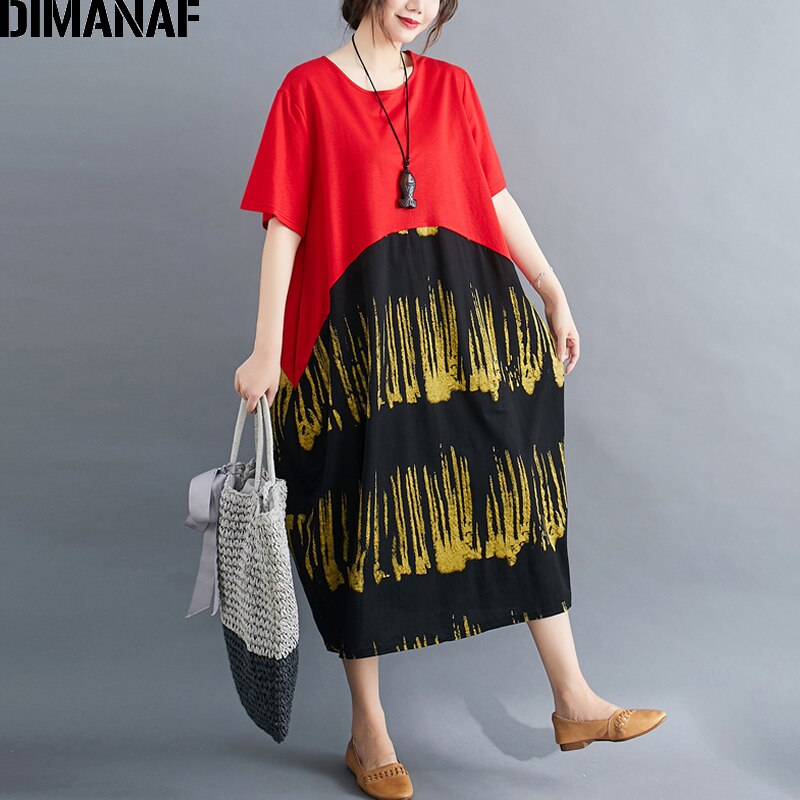 DIMANAF, vestido de verano de talla grande, ropa de mujer, vestido veraniego para mujer, vestido holgado Vintage de algodón negro a rayas, Vestidos elegantes para mujer: Yi8982-red / L