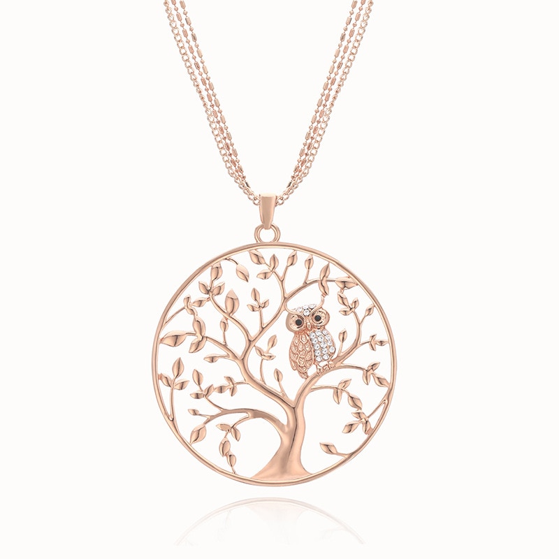 Gold Tree of life Owl Necklace Big Round Pendant Long Chains Sweater Necklace For Women Statement Jewelry Classic Collier