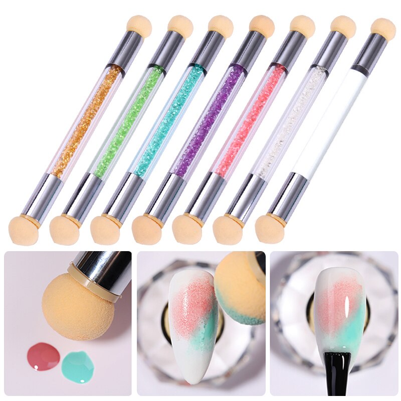 Dobbelt-endet neglebørste sæt gradient skygge pen prikkede børste svamphoved rhinsten håndtag manicure negle kunst maleværktøj