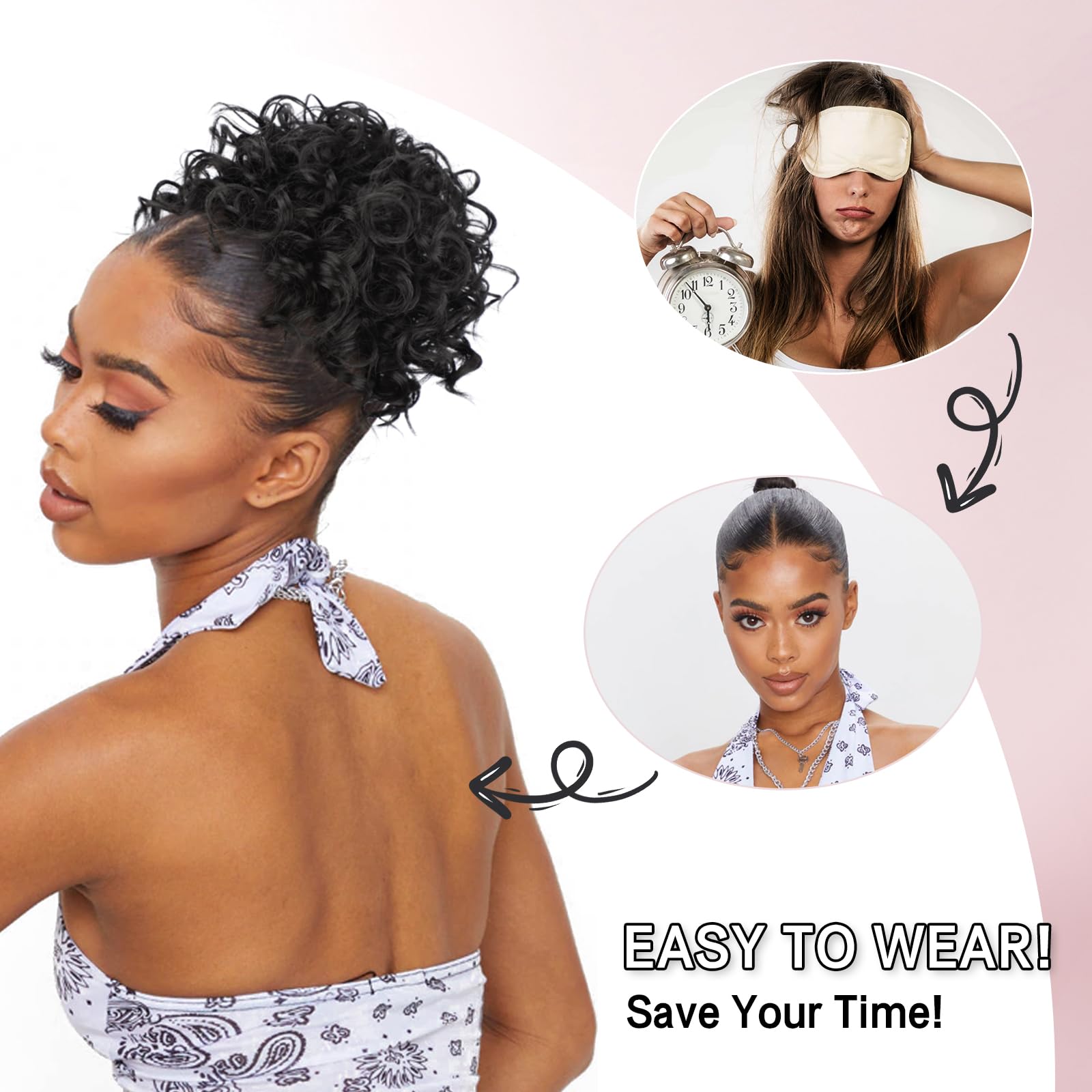 Coque de cabelo bagunçado, peça de cabelo com cordão elástico, onda solta, grande coque encaracolado, 60 gramas, extensão de rabo de cavalo sintético curto para mulheres
