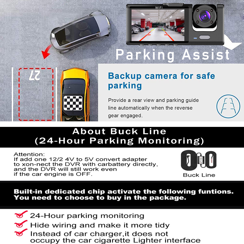 WiFi 3-Kanal-Dashcam Drei-Wege-Auto-DVR im Inneren Fahrzeugkamera-Recorder HD1080P Video Mini Registrator Kabine Dashcam Camcorder