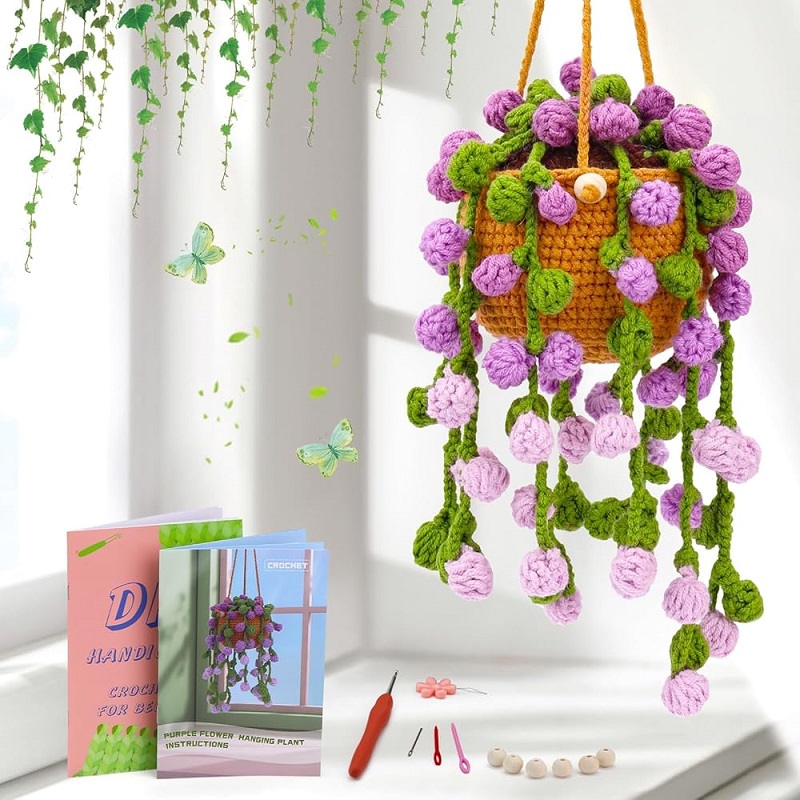 Buddur pendurado vasos de plantas crochê tricô kit com fio de algodão instruções para iniciante diy material não-acabado: Borgonha