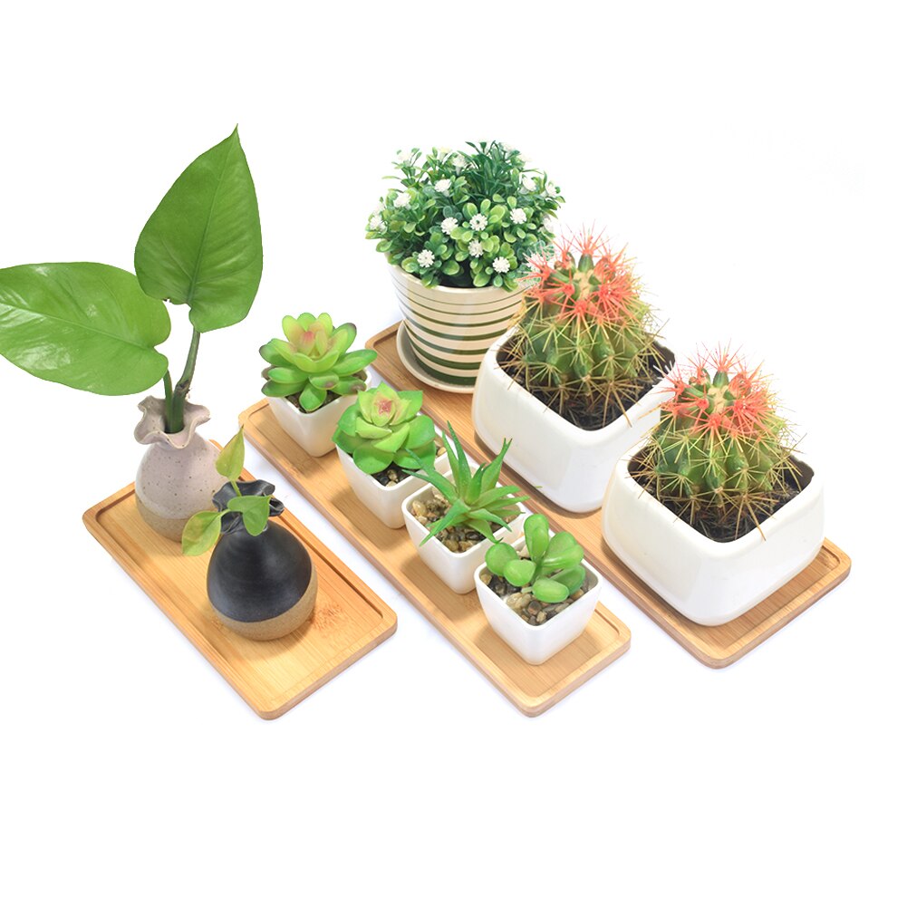 1pc en bois bambou plateau Succulent Cactus support Pot plateau Simple décor à la maison plante fleur Pot soucoupe Rectangle forme