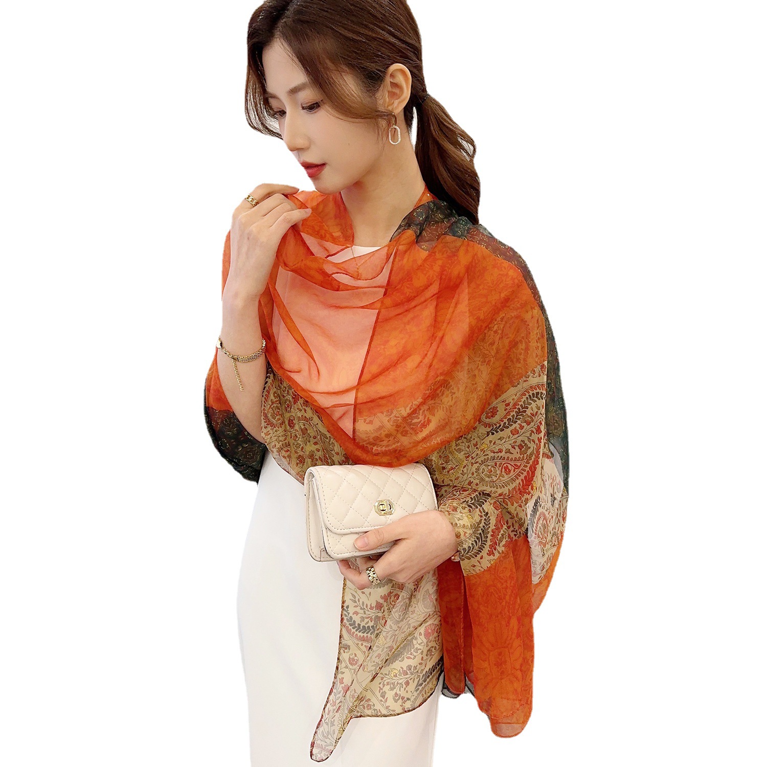 Lenço de seda estampado hijab feminino primavera deisgn macio praia estolas elegantes lenços de cabeça echarpe xale cetim grande envoltório echarpe bandana