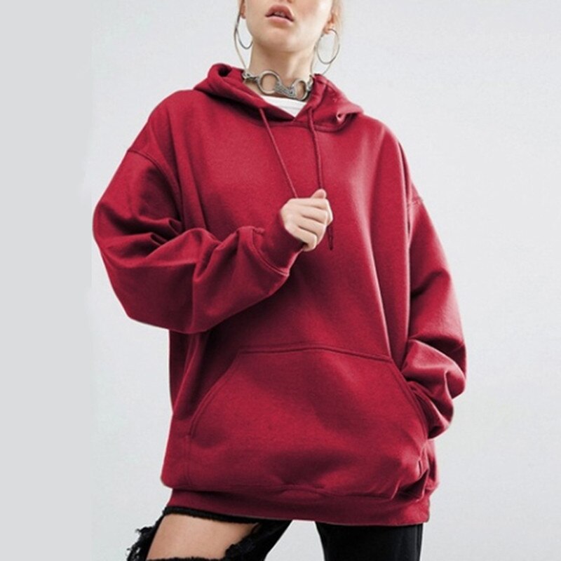 Hoodies dam tjockare varm mjuk enkla matchande fickor fritidströjor trendiga sweatshirts för kvinnor: Vin, röd / M
