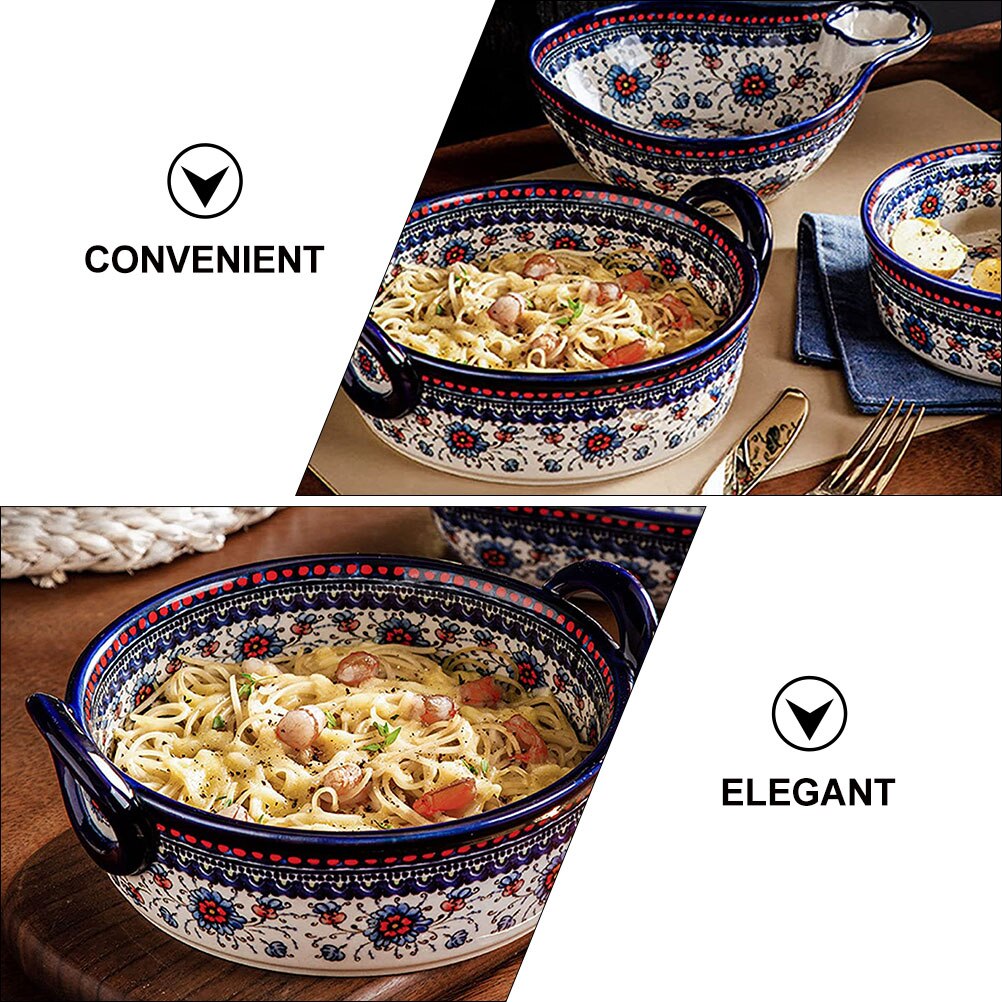 Baked Rice Serving Bowl Double Handle Ceramic Bakeware Condiment Mixing Bowl