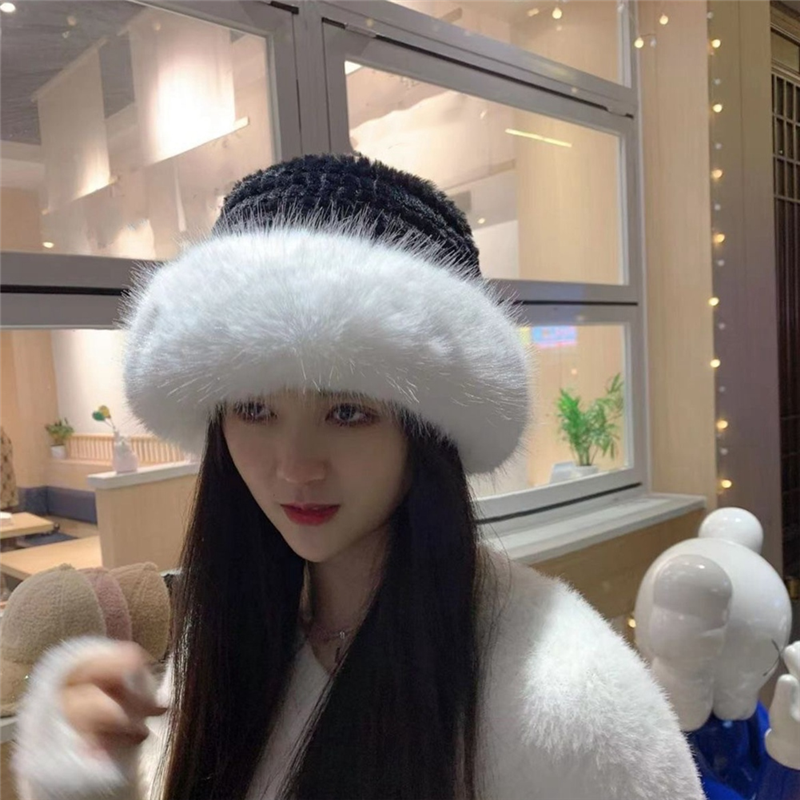 Hacken-Damen-Eimerhut, Plüschschutz vor Kälte, modische Wintermütze für Damen, Wintermütze – Schwarz