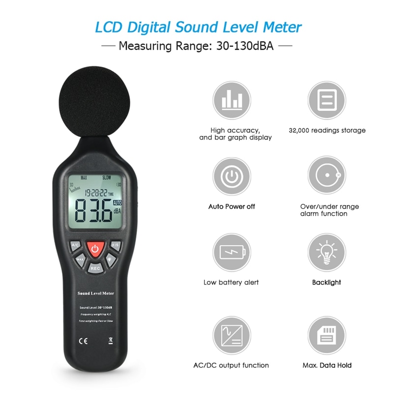 30-130db lcd lydniveau decibel meter logger tester støjmålingstid display auto off opsætning med datalogfunktion