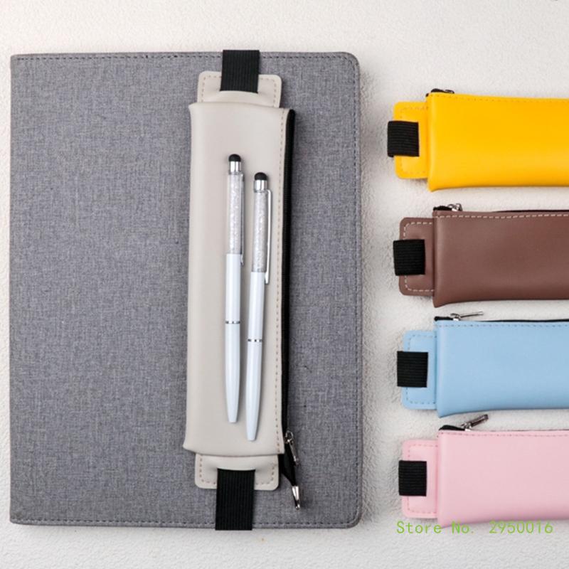 PU Leather Pen Holder, Zippered Pencil Holder Pen Sleeve Case with Elastic Bands for Notebook Planner Journal Notepads