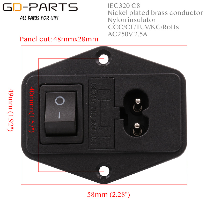 1PC IEC 320 C8 MAINS AC Power Socket Elektrische plug netsnoer inlaat Stopcontact Met ON OFF Rocker schakelaar CCC CE: GDPS0061-B