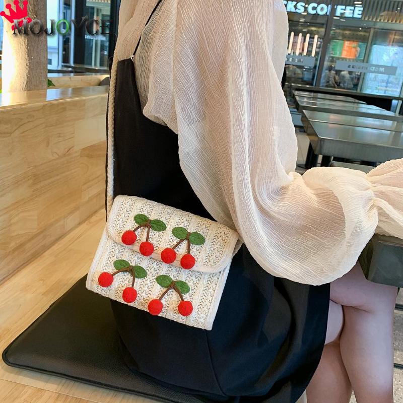 Summer Cherry Straw Messenger Bags Woven Day Clutch Flap Bag Beach Package Crossbody Chain Bags