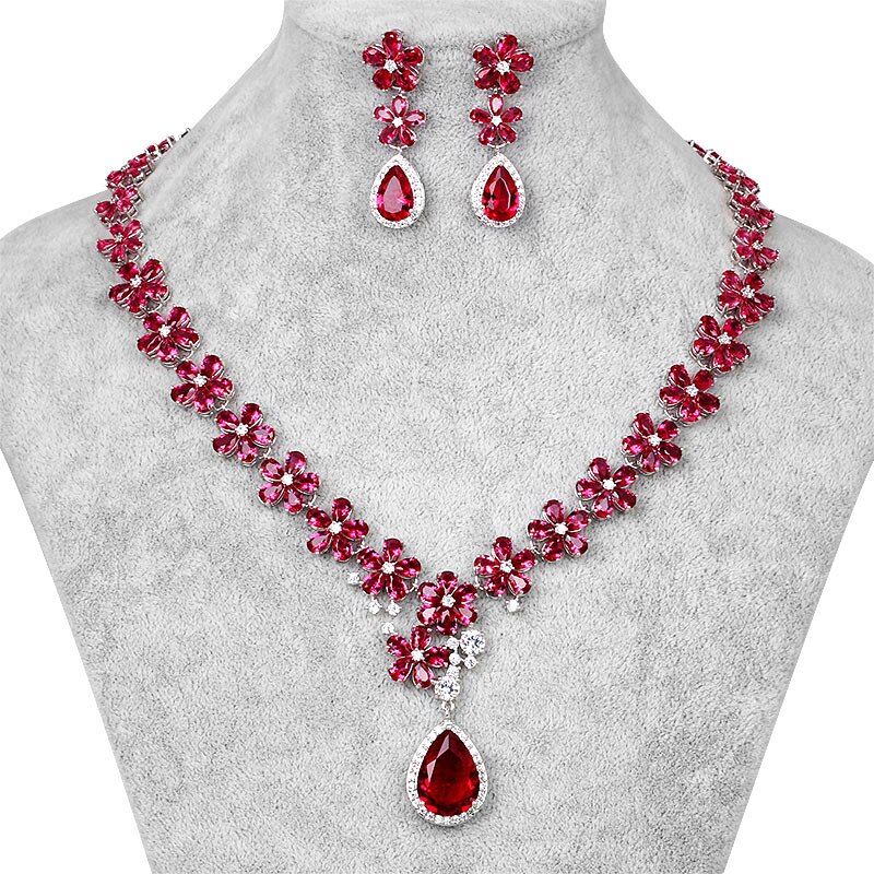 Aaa conjunto de joias para noivas, conjunto de joias para casamento, colar e brinco cúbico de zircônia cz em vermelho ou azul cores: Red