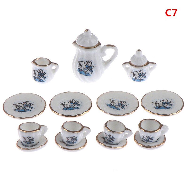 15Pcs 1/12 Doll house Miniature Blue Flower Patten Porcelain Coffee Tea Cups Ceramic Tableware Kitchen Accessories: C 7