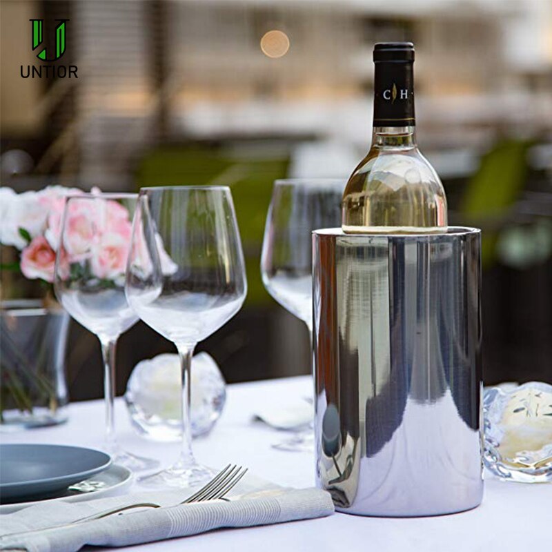 UNTIOR Stainless Steel Bar Ice Bucket Two Handles Champagne Bucket Wine Bucket Spit Wine Barrel Container Ktv Club Bar Supplies