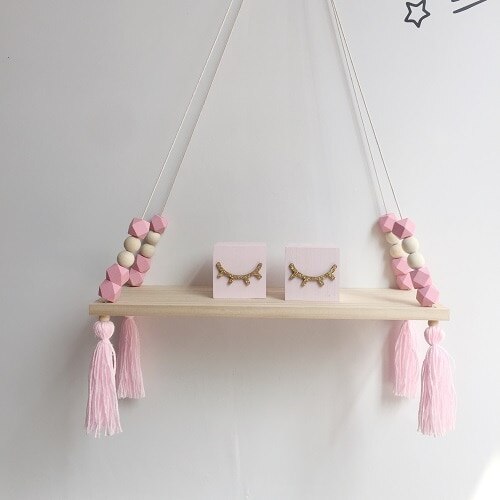 Loozykit barnesoverom arrangør for leker trehyller diy treperler vegghylle lagring arrangørhyller hjemmepynt: Rosa