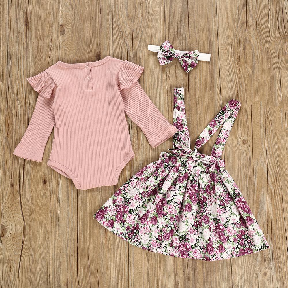 3Pcs Baby Meisje Kleding Sets Roze Romper + Band Jurk + Hoofdbanden Bloemenprint Pasgeboren Kleding Outfit Baby kleding Set