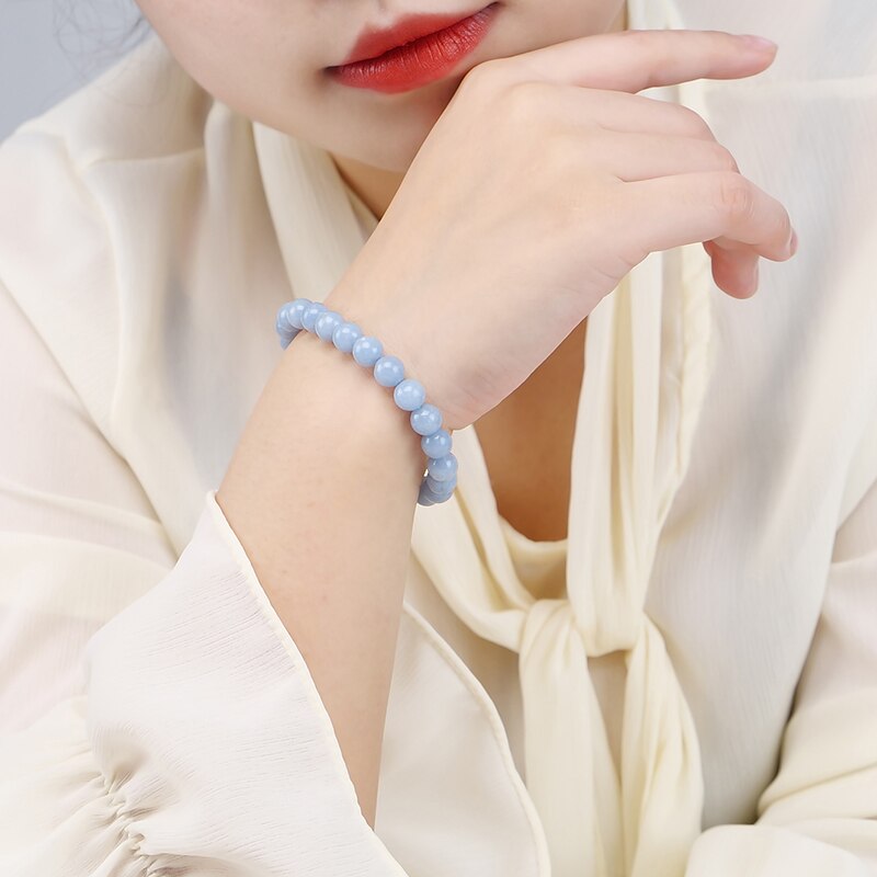 Jd pulseira de anjo, pedra natural, azul angelite, elástico único, romântico, yoga, bracelete azul, joias femininas 6,8,10mm, contas