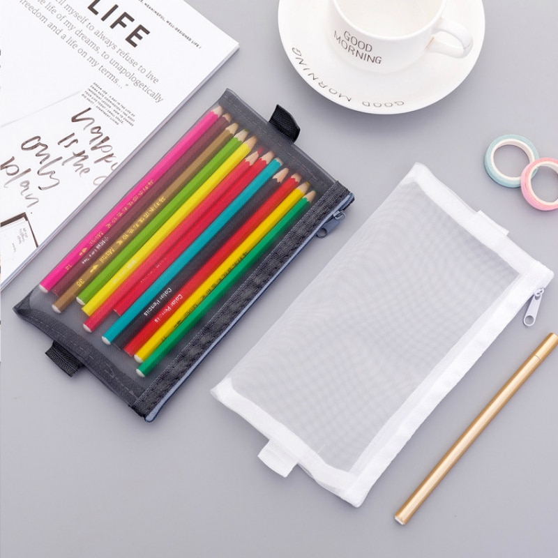 1pc blyantpose koreansk enkel gennemsigtig mesh garn penalhus lynlås brevpapir studerende blyantpose med stor kapacitet
