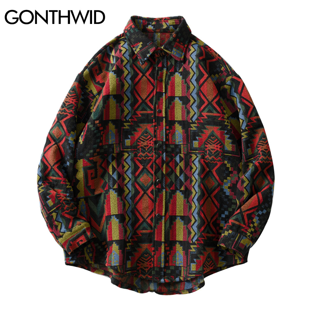 Gonthwid sørvestlige aztec tribal indian button skjorter streetwear hip hop geometri mønster casual langermet skjorte topper strøk