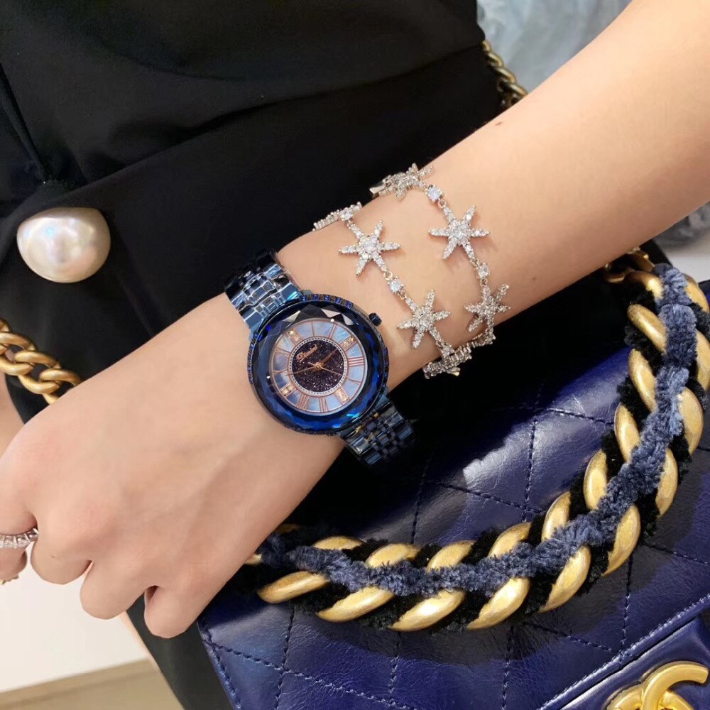Noble bleu Anti décoloration pleine acier Bracelet montres femmes grande taille Montre neutre Quartz romain Montre-Bracelet à facettes cristaux Montre