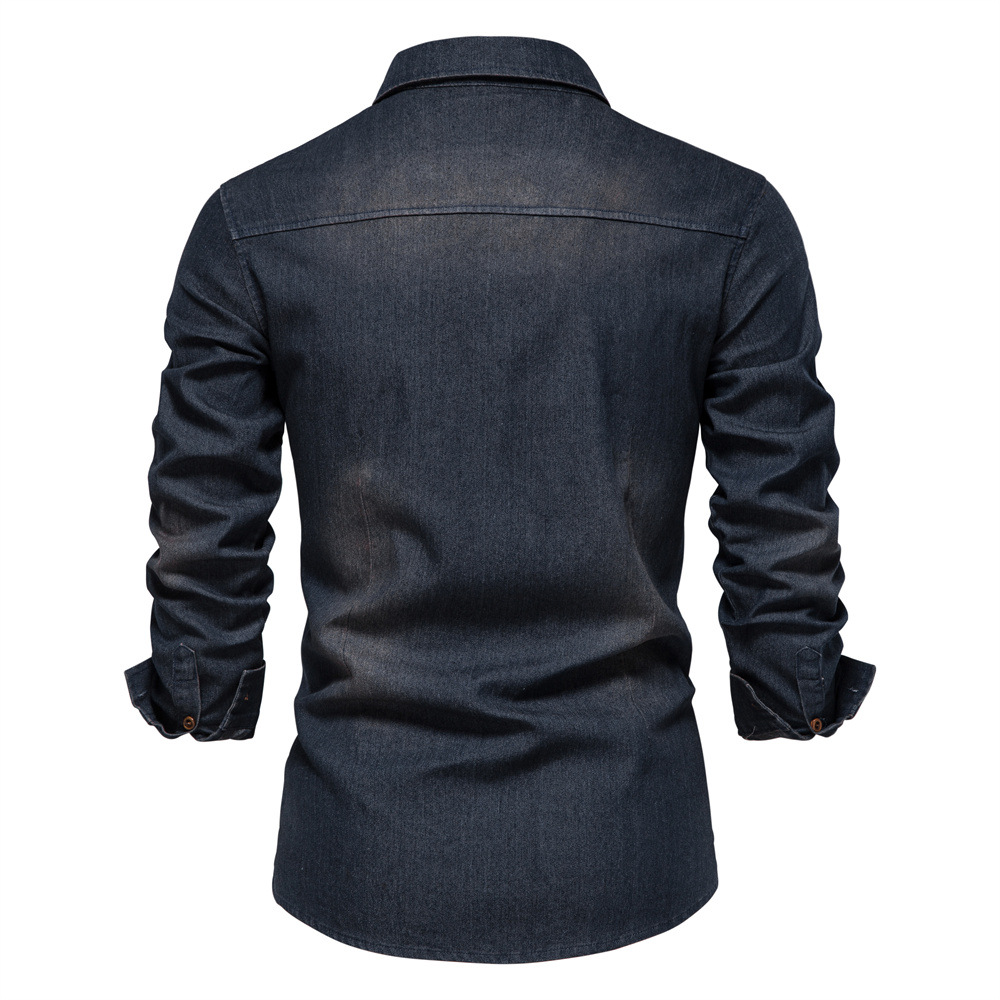 2025 Frühjahr Herren-Jeanshemd, 100 % Baumwolle, elastisch, lässig, schmale Passform, Streetwear-Kleidung, langärmelig, mehrere Taschen, Cowboy-Hemden
