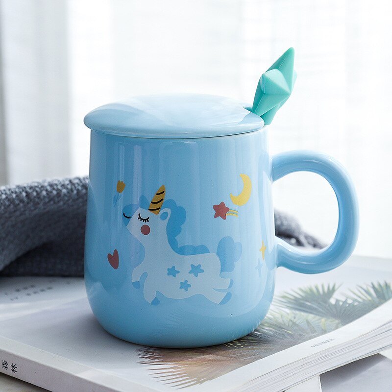 Cartoon Eenhoorn Koffie Mok Met Deksel En 3D Ster Lepel Roze Koffie Melk Thee Cup Voor Meisjes: Blauw