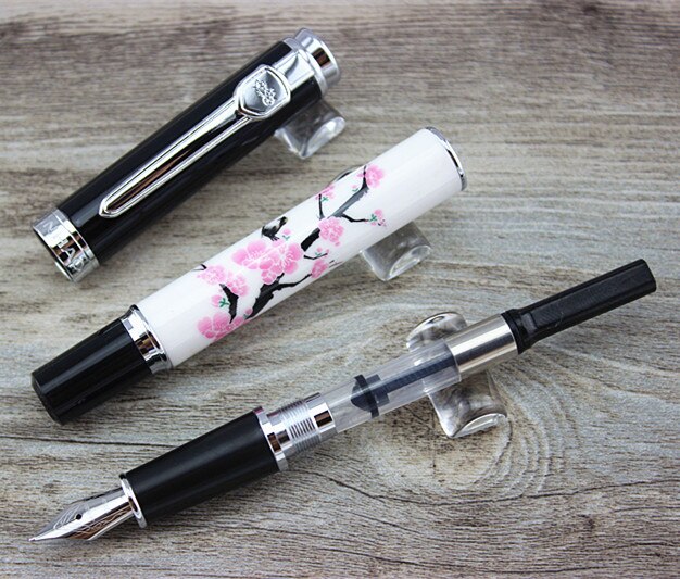 Jinhao 8802 Blue and White Porcelain Fountain Pen 18kgp Medium Nib Plum Blossom Bird Painting Pen