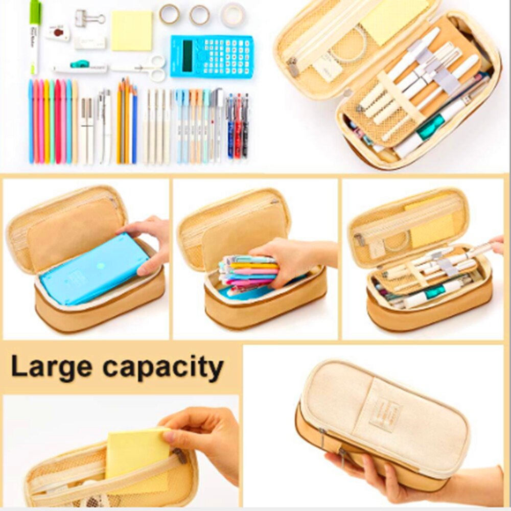 4 Kleur Grote Capaciteit Etui Canvas Stretch Dubbele Laag Cosmetische Bag Pen Box Pouch Case School Office Stationair