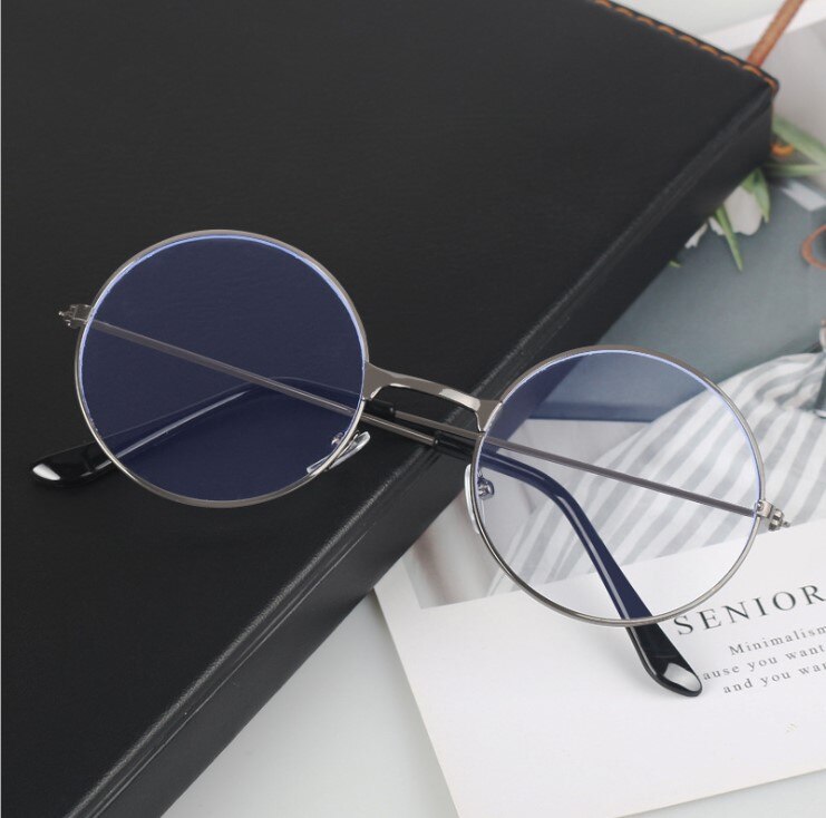 Vintage Round Metal Frame Blue Light Blocking Personality College Style Clear Lens Eye Glasses Eye Protection Mobile Phone Game: Gray