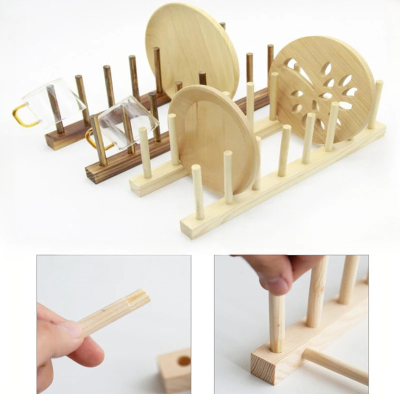 Wooden Dish Drainer Rack Kitchen Dishes Stand Plate Dish Drying Racks Pot Lid Racks Kitchen Organizer Drying Cups Display Shelf