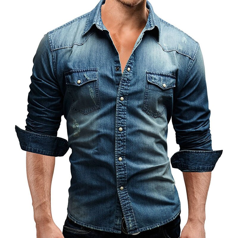Menn casual denim skjorter merkevare langermet skjorte herre ensfarget slim fit dress skjorter camisa masculina streetwear topper: Blå / Asiatisk størrelse 3xl 185cm