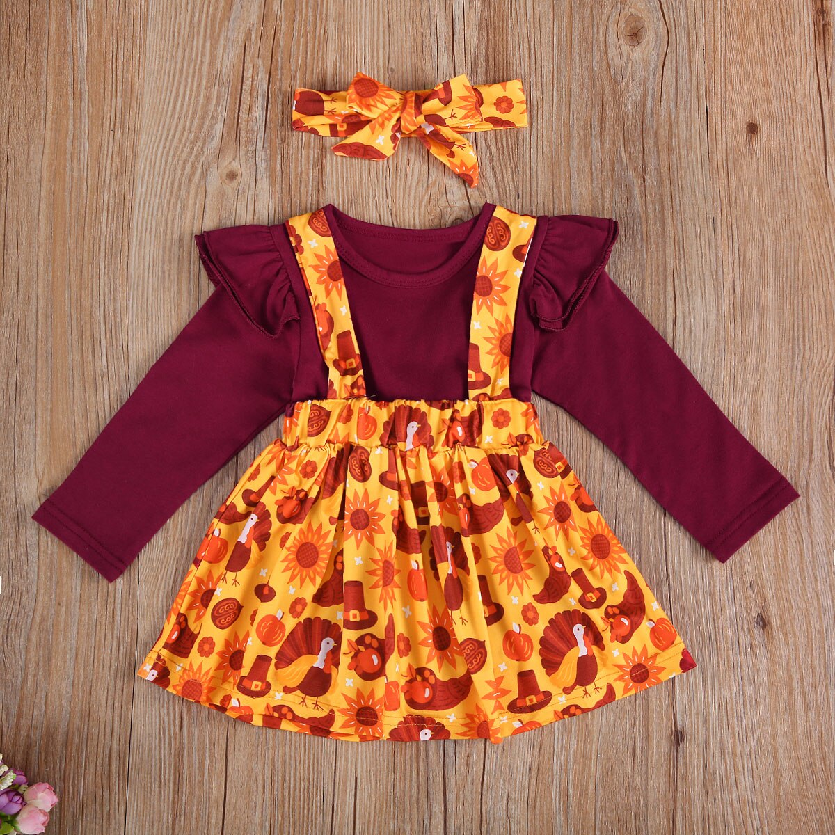Thanksgiving Peuter Baby Meisjes 3 Stuks Rokken Outfits, Lange Mouwen Top + Jarretel Gedrukt Rok + Hoofdband