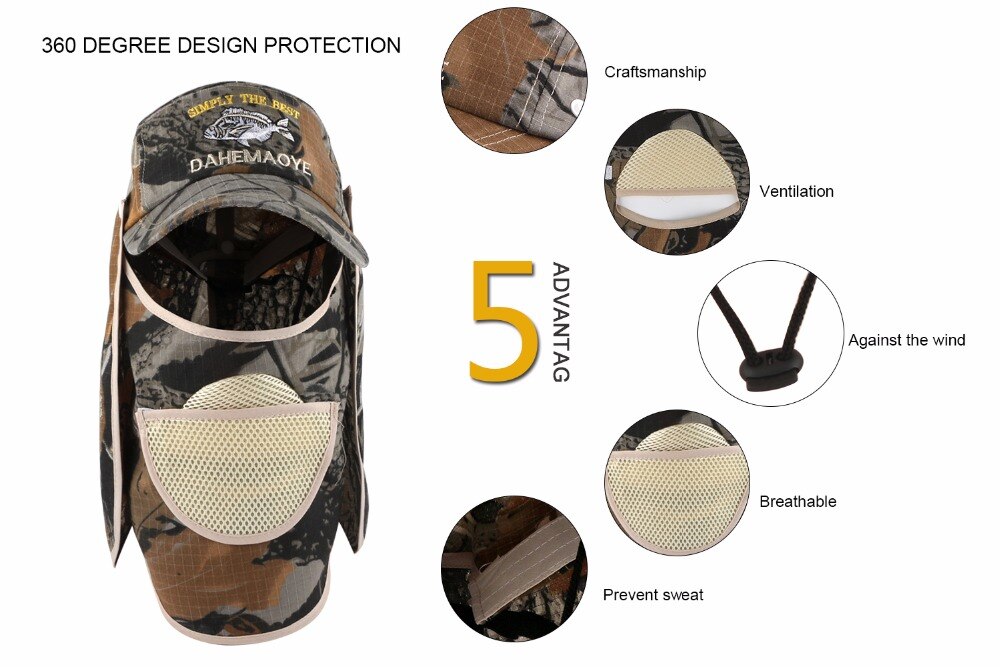 Chapéus de pesca com camuflagem ventilada, chapéus para pesca, com aba larga e proteção uv