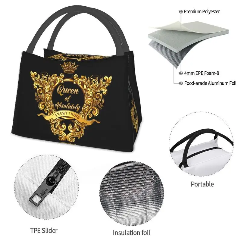 Queen Of Absolutely Everything Gold Baroque Insulated Lunch Bags for School Office Leakproof Cooler Thermal Bento Box Women