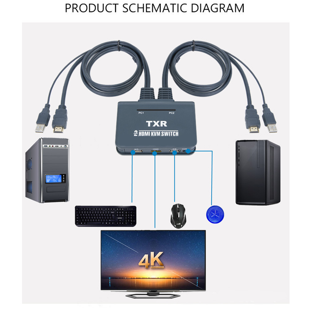 2- port hdmi tastaturmus med kabler knap tilbehør splitter box plug and play usb desktop controller computer kvm switch