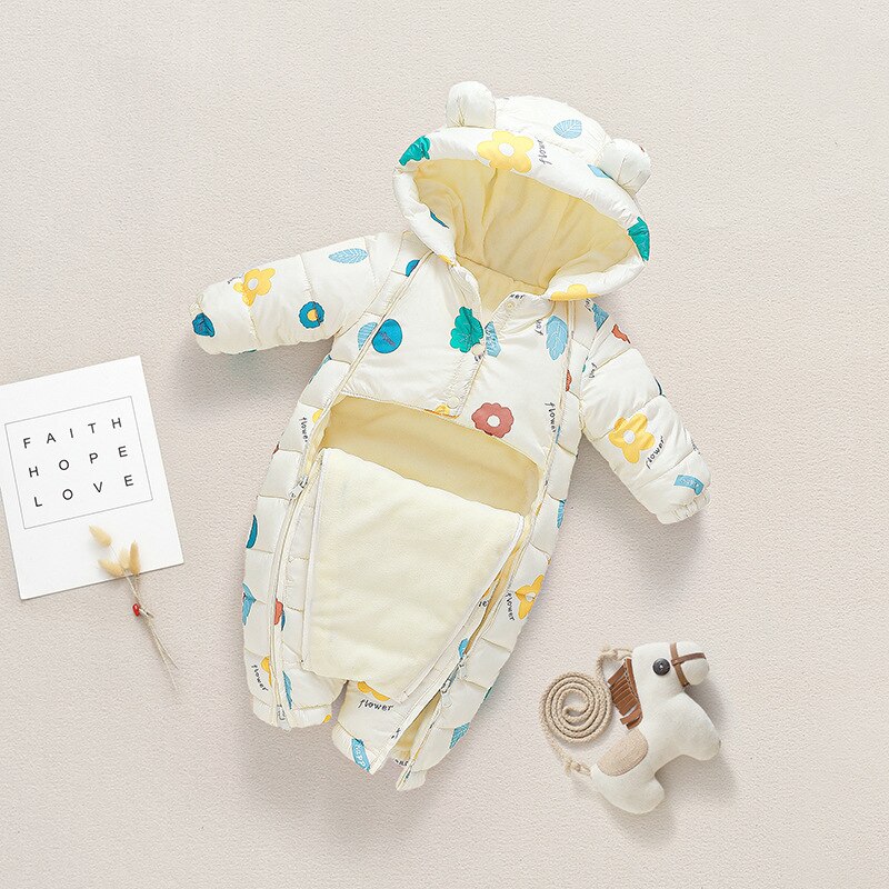 Winter warm geboren 3m 6m 9m 12m 70 80 90 100cm peuter baby capuchon jumpsuit overall jas plus fluwelen baby jongen rompertjes