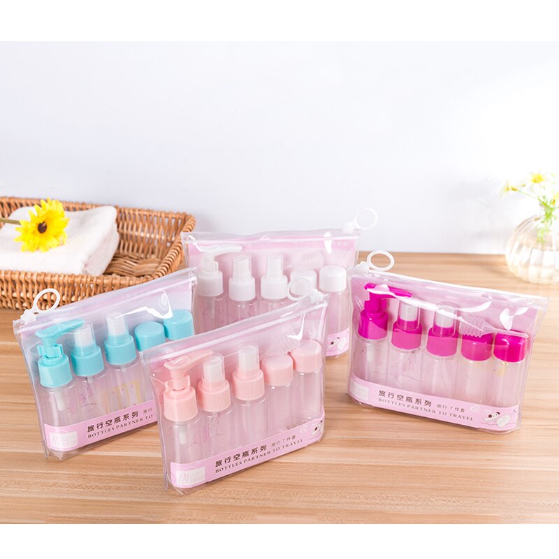 Kosmetyczka 7 sztuk/zestaw przenośny rozpylać wielokrotnego napełniania butelek zestaw plastikowy pojemnik na kosmetyki Dom podróż pusty rozpylać napełniania butelek etui