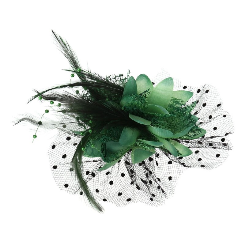 Vrouwen Bridal Mesh Boog Veer Kralen Bruiloft Tovenaar Dot Veil Haar Clip Broche: Green