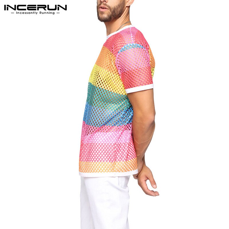 Camiseta de malla para hombre, camisetas degradadas de manga corta a la , blusa transparente con Tie Dye, ropa de calle, camisetas para fiestas en club nocturno, 7