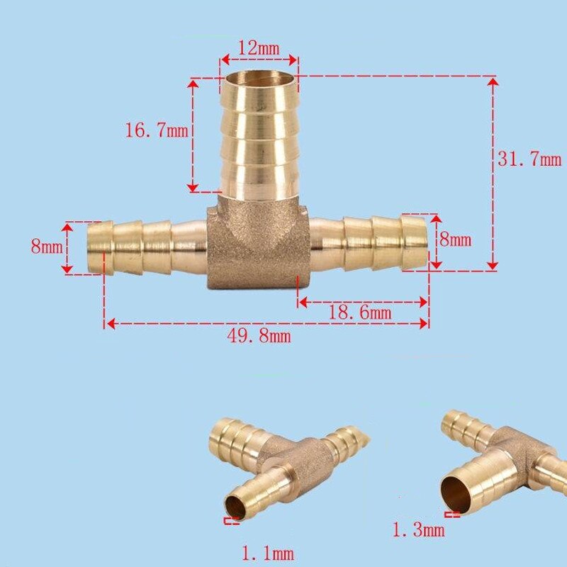 Brass Pagoda Barb Pipe Fittings Equal / Variable Diameter 3 Way T-type 4mm 5mm 6mm 8mm 10mm 12mm 14mm 16mm Oil / Water / Gas: OD 8-12-8