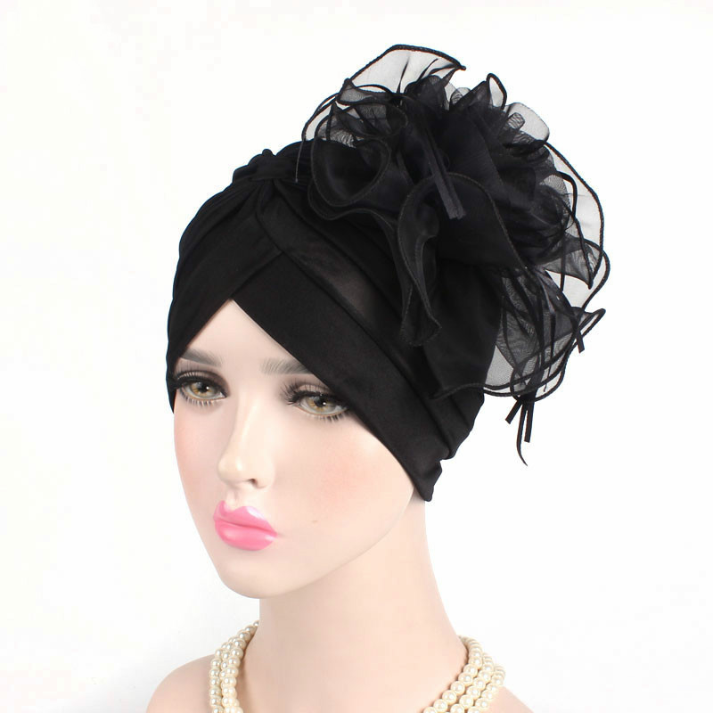 Sombreros con flores grandes para mujer, gorros turbante fruncido, sombreros de turbante indio, hiyabs musulmanes para mujer: Black