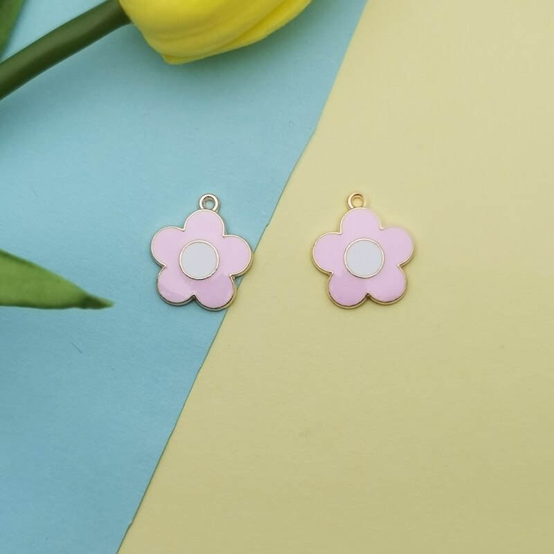 10PCS Colorful Flowers Enamel Charms Gold Tone Little Flower Alloy Pendants Fit Making Earring Hair Jewelry DIY Accessory FX494: pink