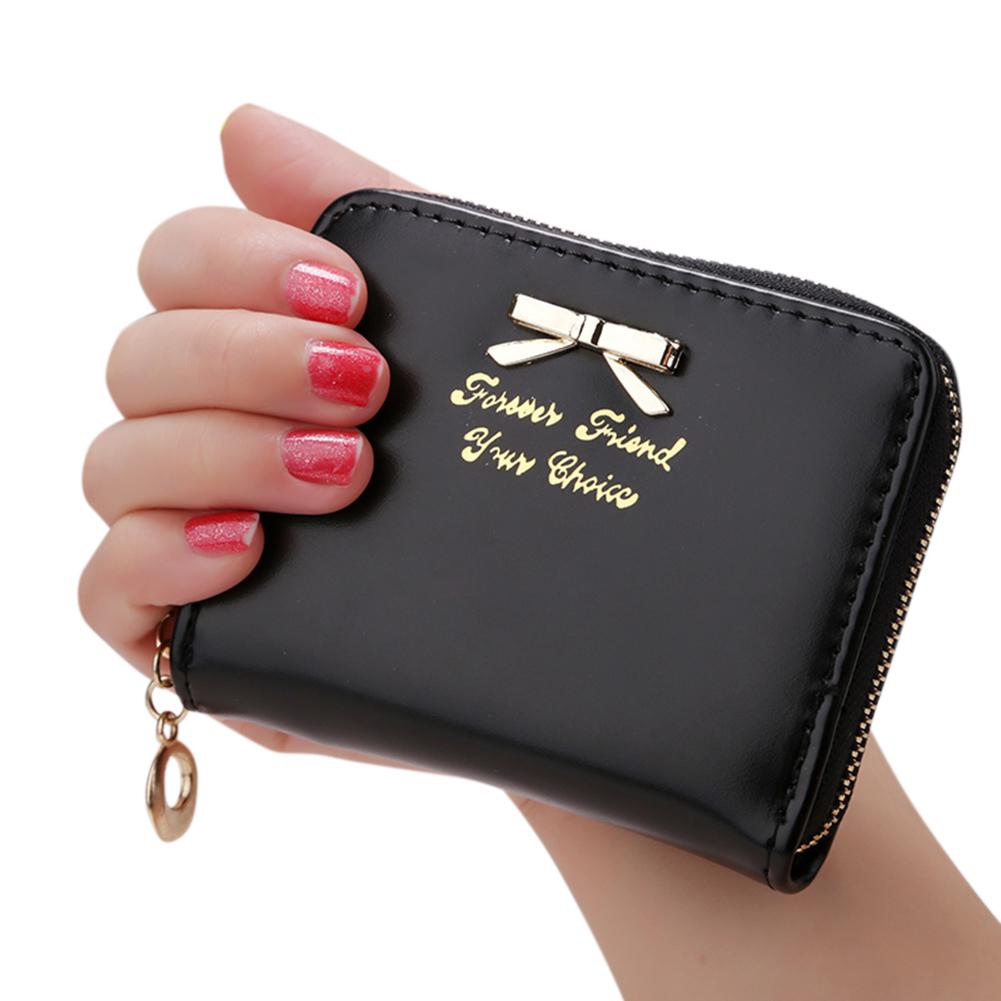 Carteras de Mujer Simple de estilo corto bolso de embrague Bowknot decoración cremallera bolso Delgado monedero de bolsillo tarjeteros ZK40: black