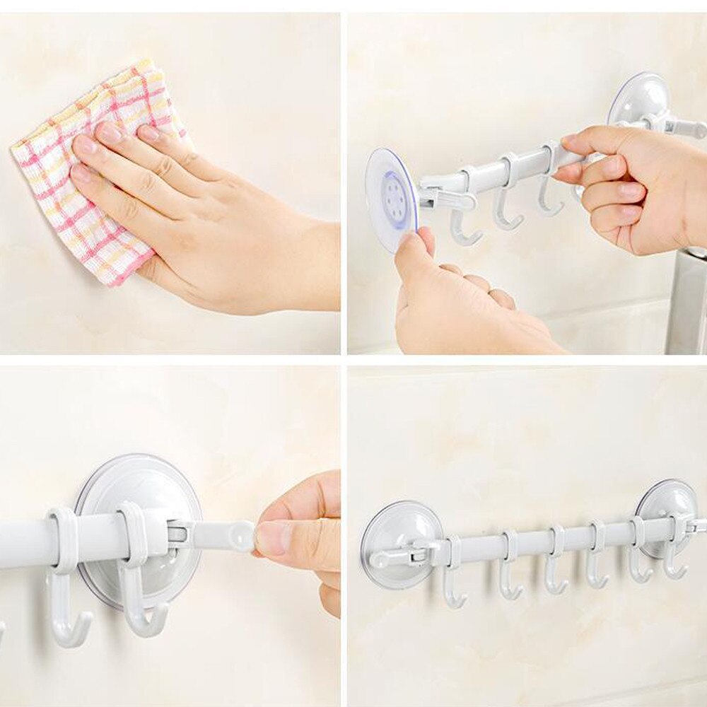 Wall Vacuum Rack Suction Cup 6 Hooks Towel Bathroom Kitchen Holder Sucker Hanger 34.5*7.1cm For home Kitchen Bathroom Hanger