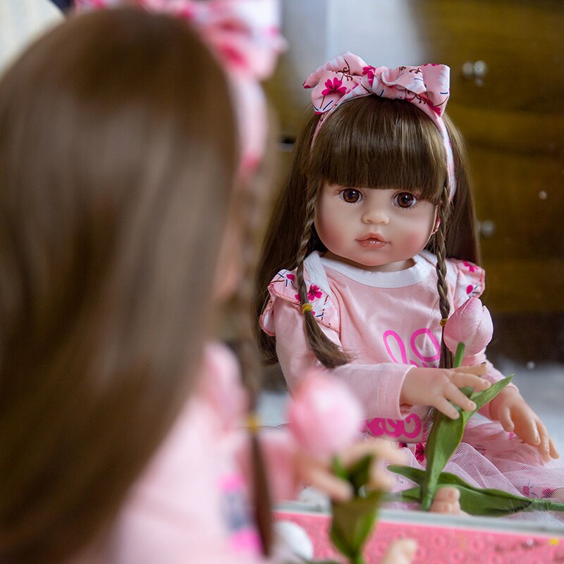 48/50cm Reborn Baby Doll Pink Princess Dress Girl Lifelike Soft Long Hair Handmade Art Doll for Kids Birthday Christmas